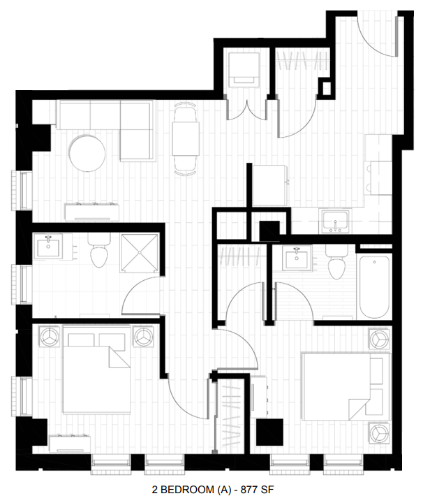 Floor plan for 2 beds, 2 baths, 877 sqft